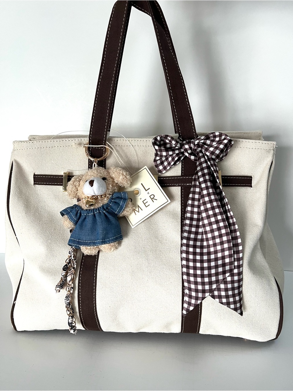 Sol and Mer Boatkin Canvas Brown Cream W/Charms Tote Bag NWT